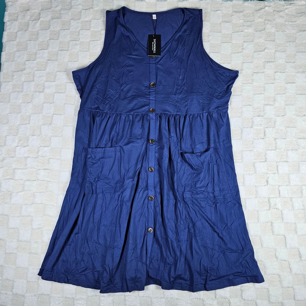 Showmall Womens Plus Size 4X Navy Blue Sleeveless Button Front Pocket Dress NWT